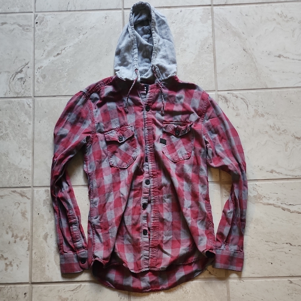 G-star Medium Red and Gray Plaid Hooded Shirt